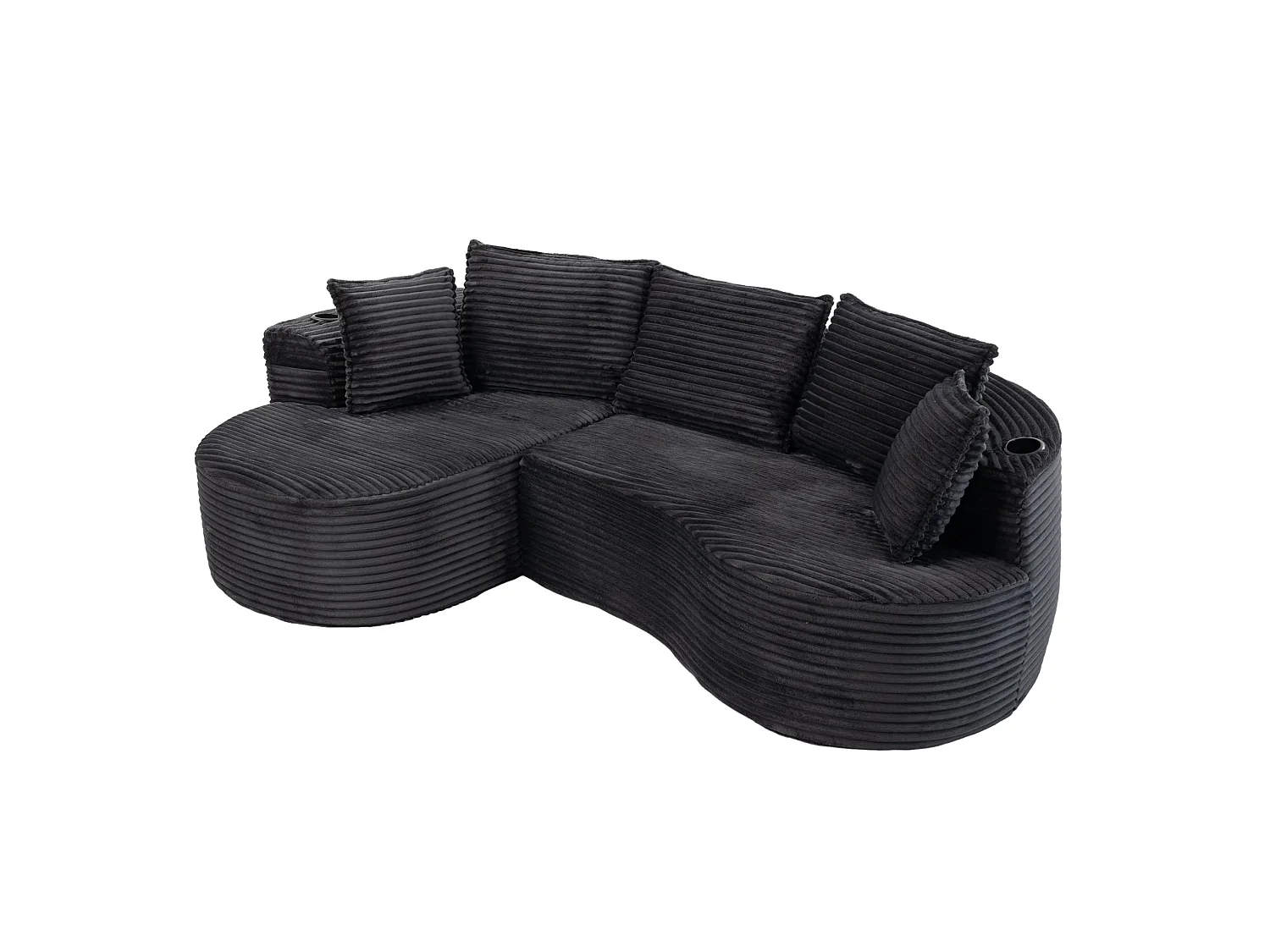 Sofá curvo de 3 plazas con portavasos y bolsillo lateral, pana, gris oscuro, 250x152x82