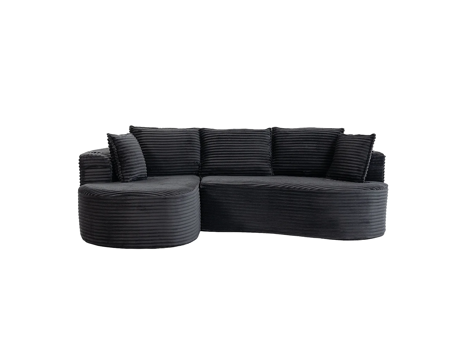 Sofá curvo de 3 plazas con portavasos y bolsillo lateral, pana, gris oscuro, 250x152x82