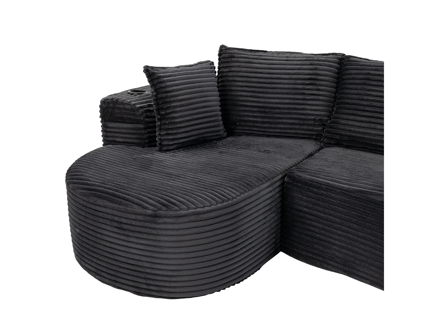 Sofá curvo de 3 plazas con portavasos y bolsillo lateral, pana, gris oscuro, 250x152x82