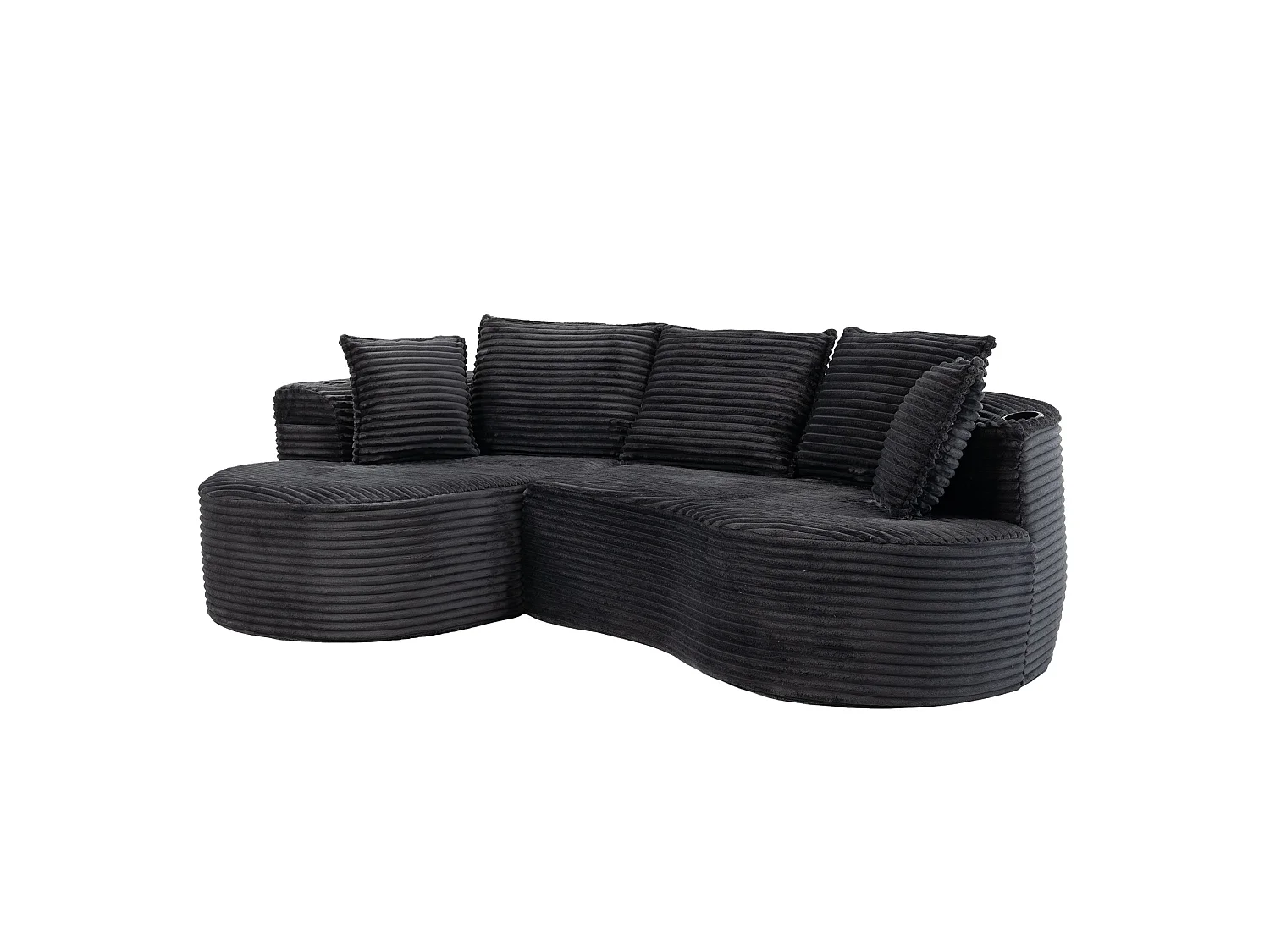 Sofá curvo de 3 plazas con portavasos y bolsillo lateral, pana, gris oscuro, 250x152x82