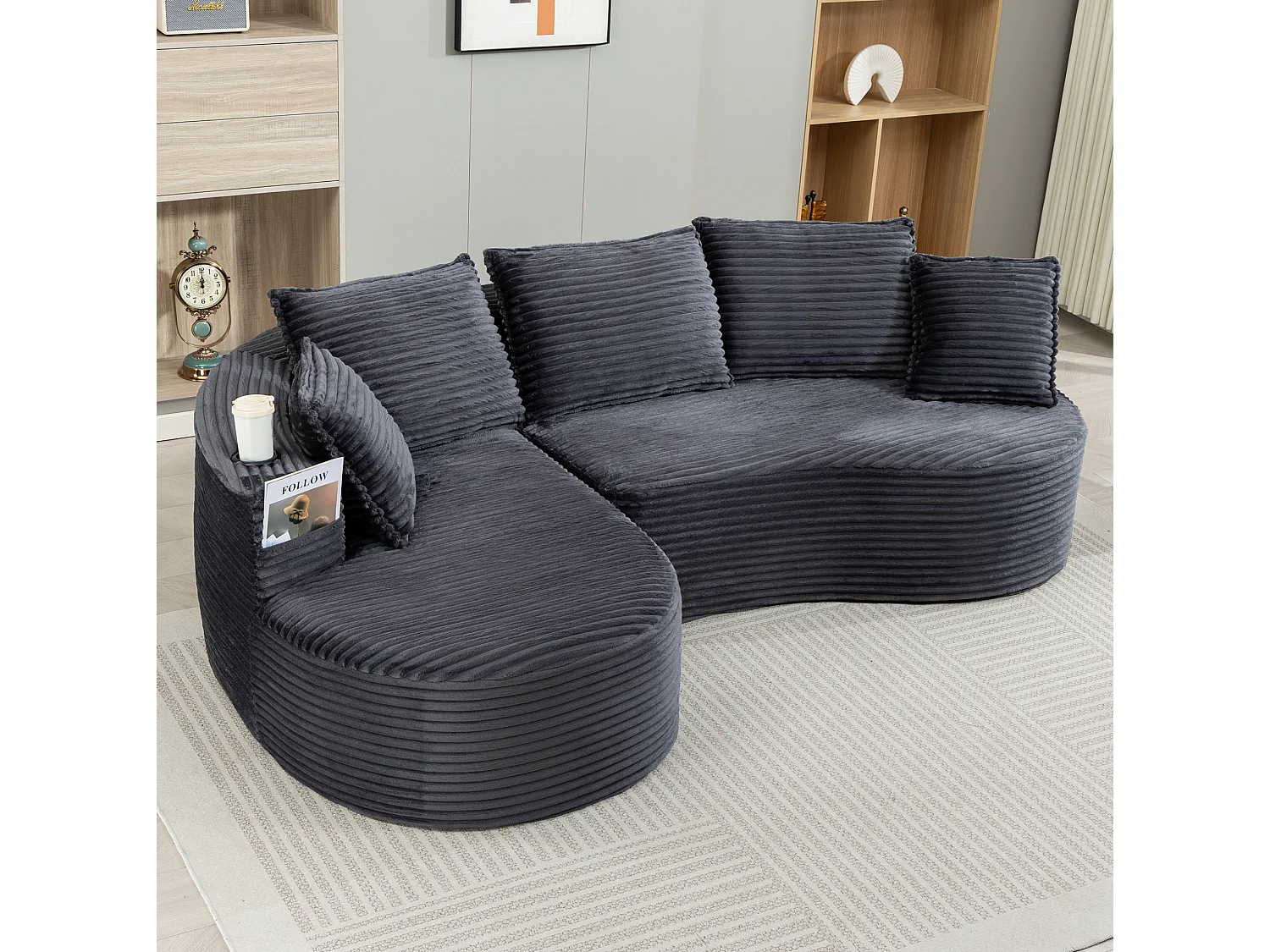 Sofá curvo de 3 plazas con portavasos y bolsillo lateral, pana, gris oscuro, 250x152x82