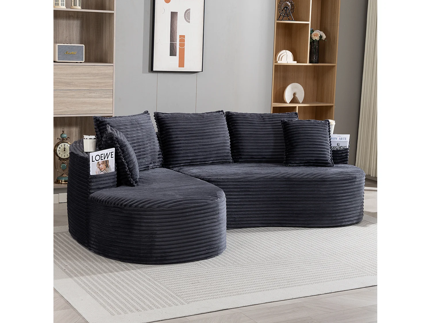 Sofá curvo de 3 plazas con portavasos y bolsillo lateral, pana, gris oscuro, 250x152x82