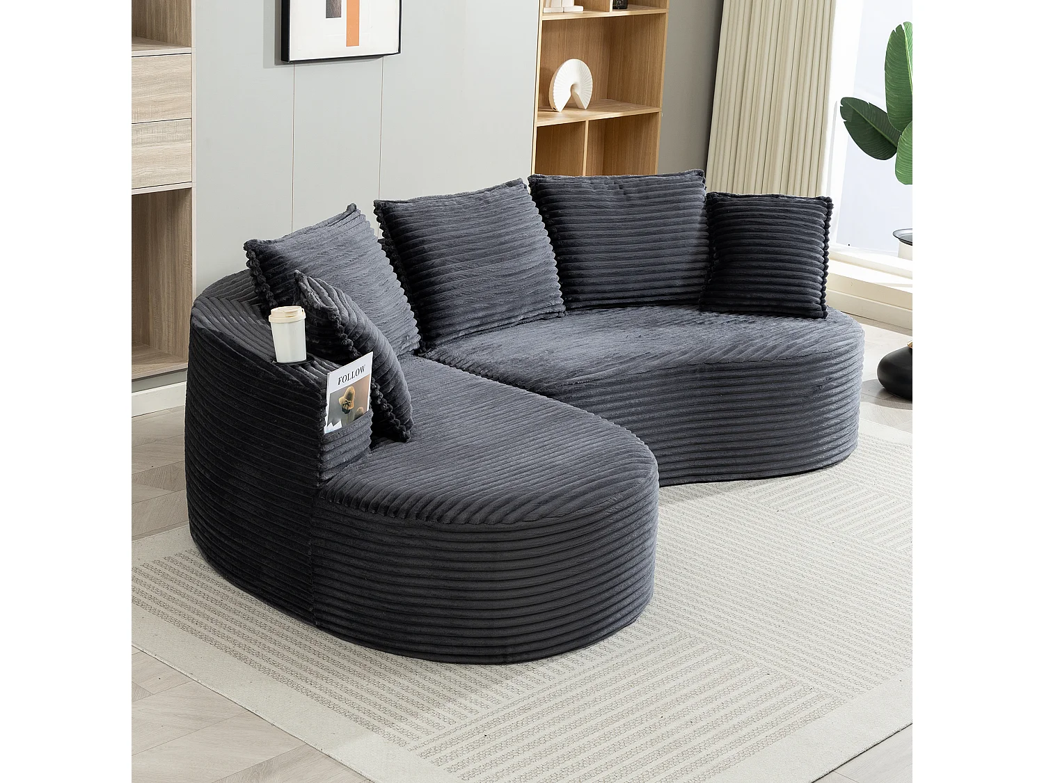 Sofá curvo de 3 plazas con portavasos y bolsillo lateral, pana, gris oscuro, 250x152x82