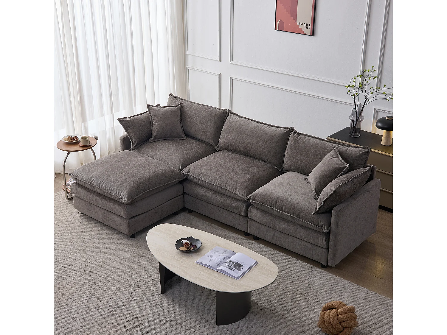 Canapé d'angle 3 places avec pouf, en chenille, gris, 267x154x85 cm