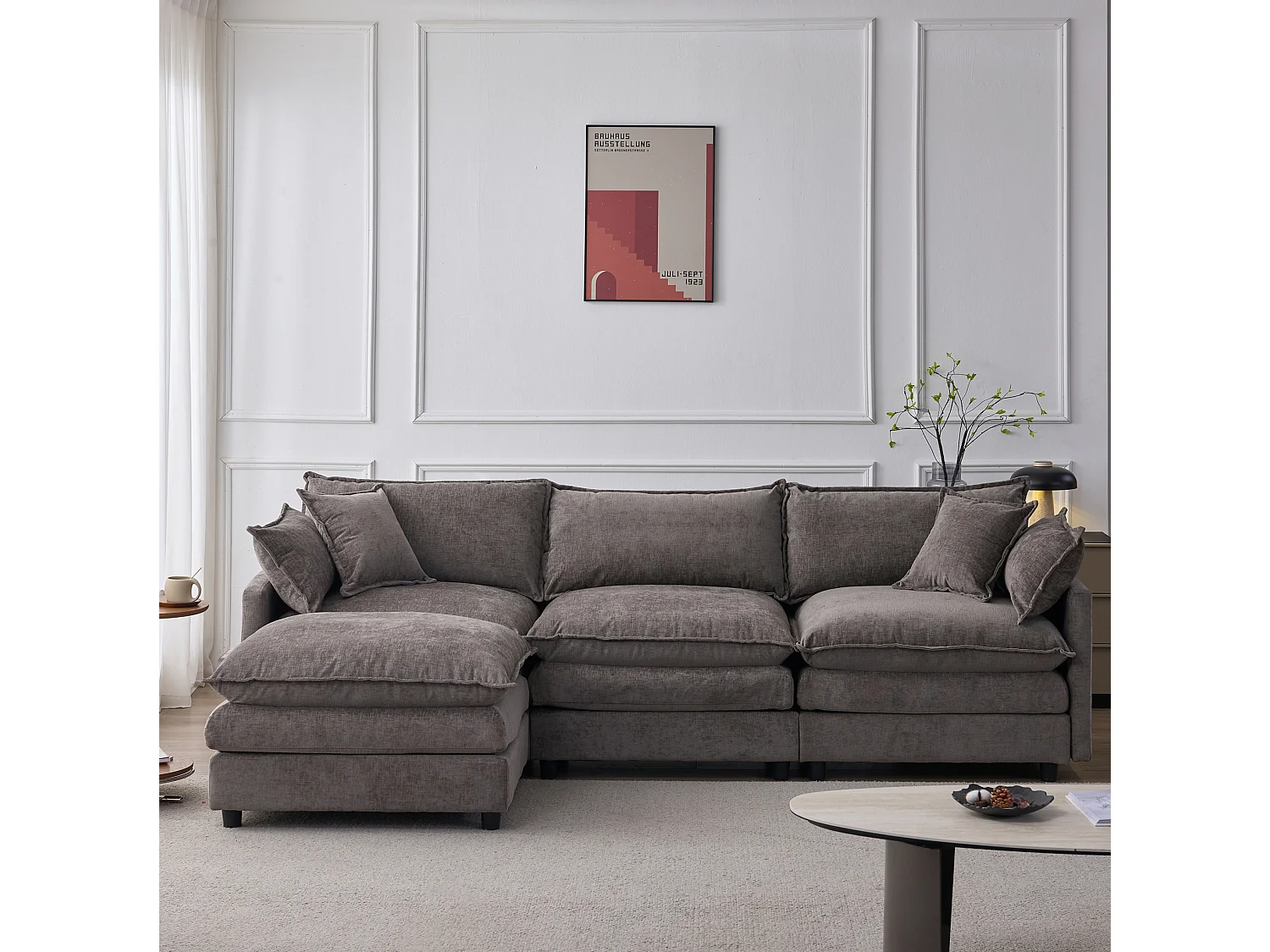 Canapé d'angle 3 places avec pouf, en chenille, gris, 267x154x85 cm