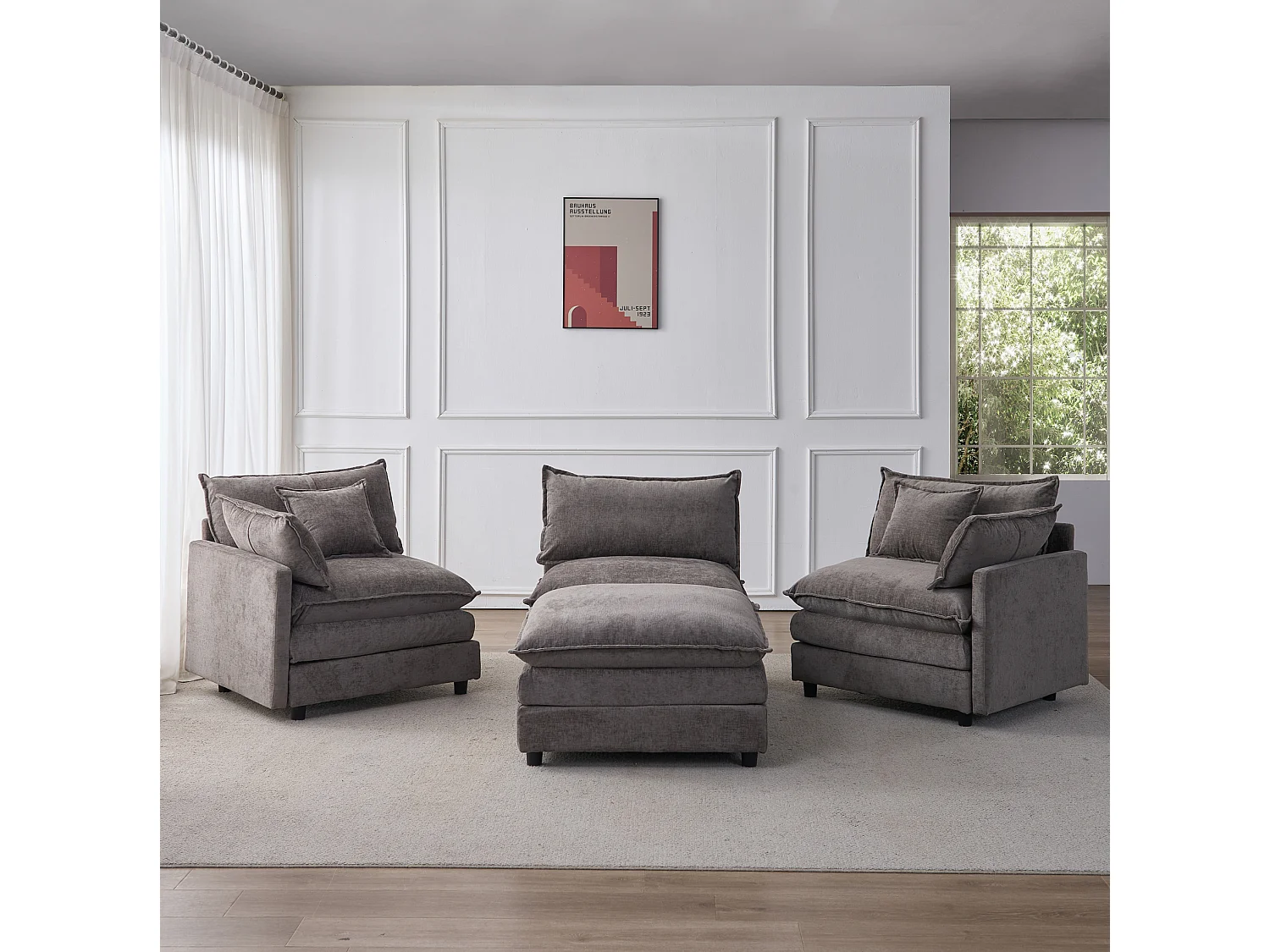 Canapé d'angle 3 places avec pouf, en chenille, gris, 267x154x85 cm