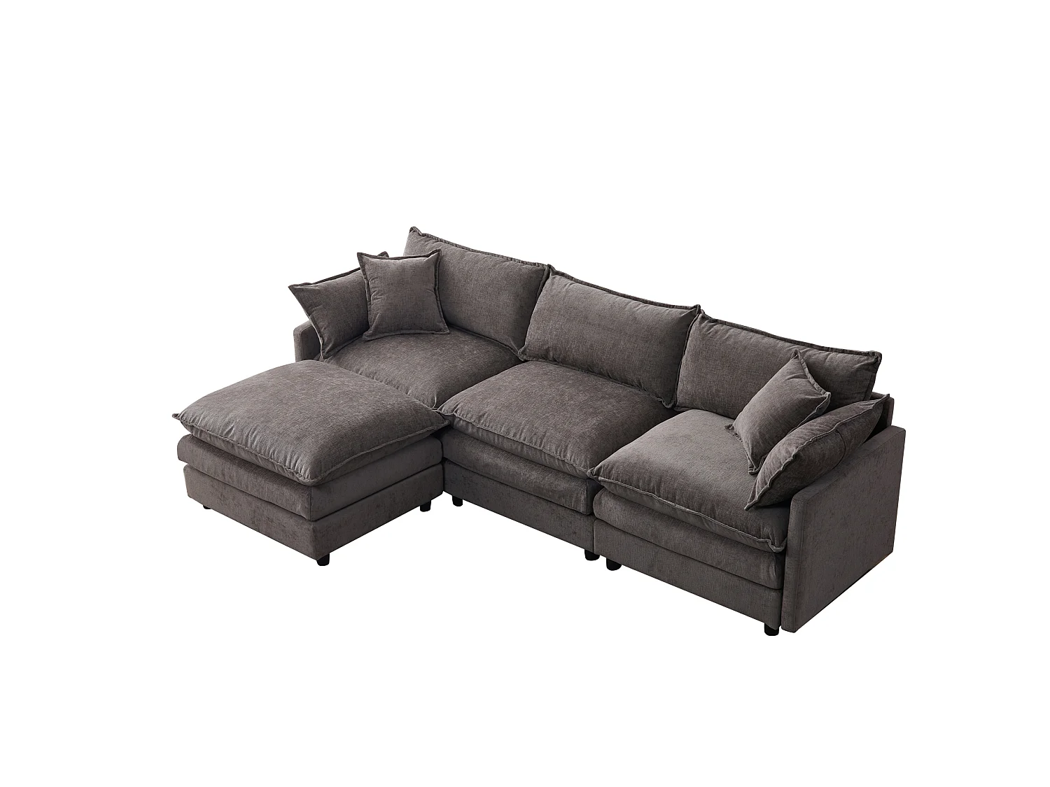 Canapé d'angle 3 places avec pouf, en chenille, gris, 267x154x85 cm