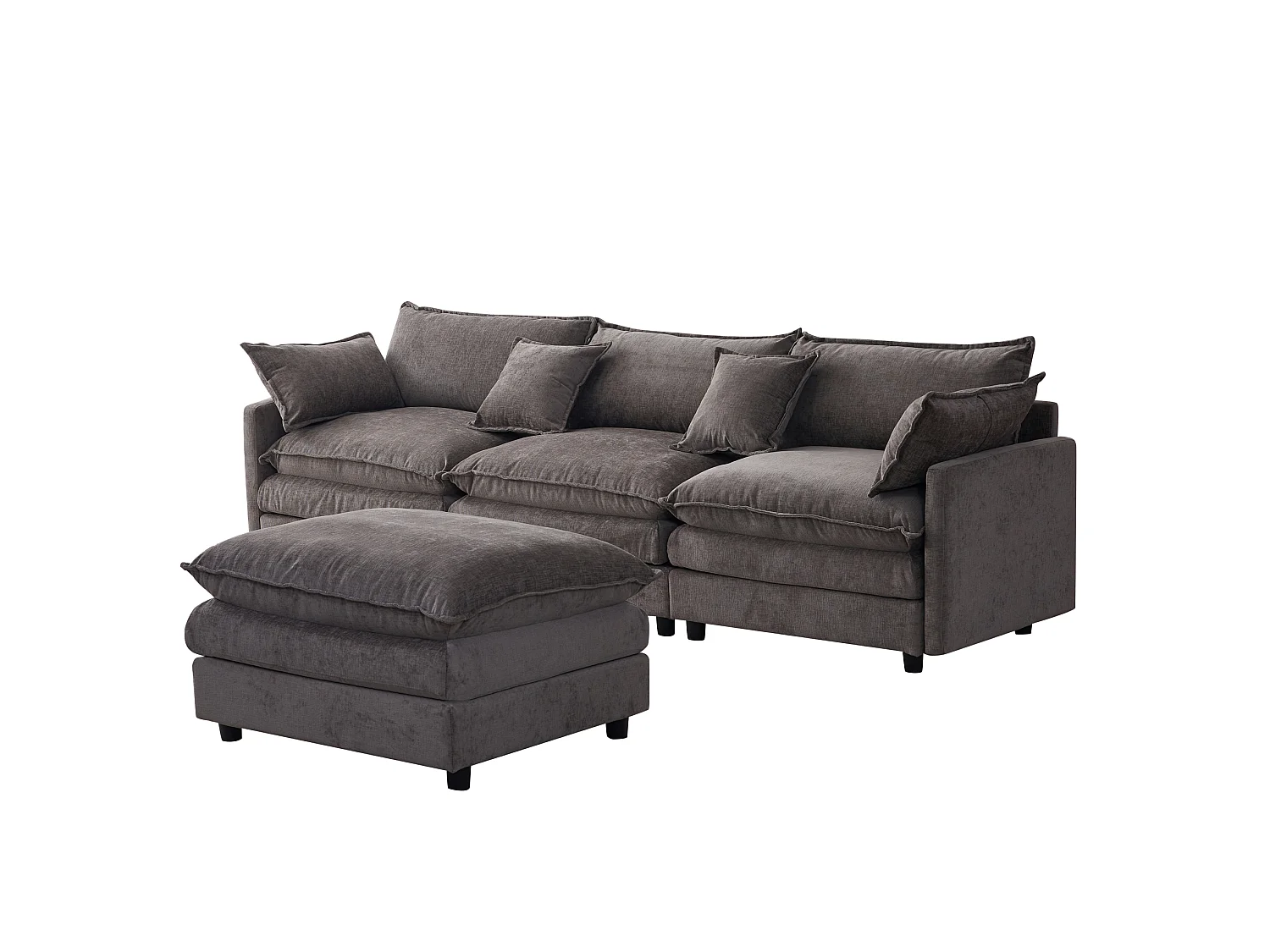 Canapé d'angle 3 places avec pouf, en chenille, gris, 267x154x85 cm