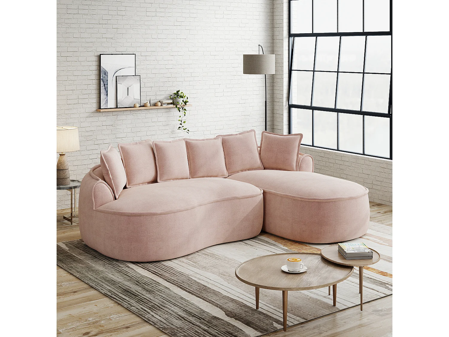 Canapé d'angle 3 places avec coussins de dossier et assise profonde, en chenille, rose, angle à gauche, 252x164x67 cm