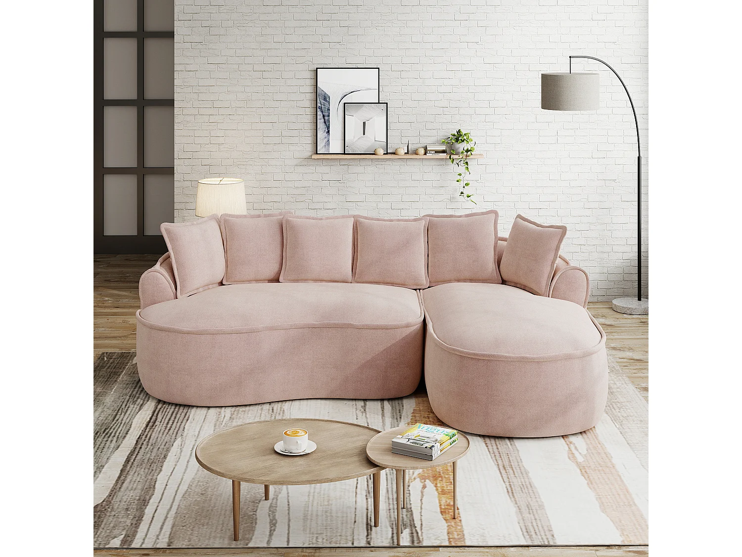 Canapé d'angle 3 places avec coussins de dossier et assise profonde, en chenille, rose, angle à gauche, 252x164x67 cm