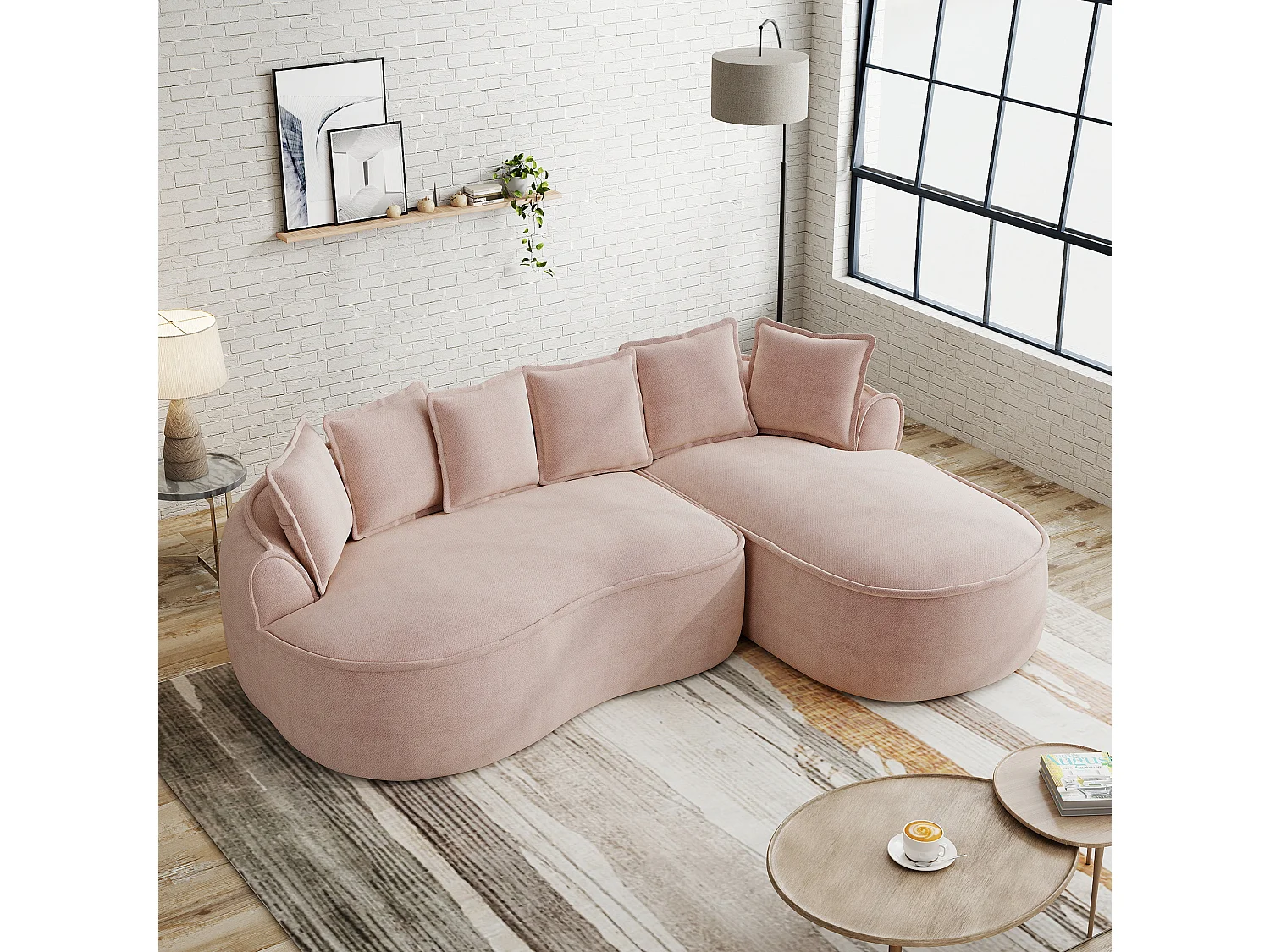 Canapé d'angle 3 places avec coussins de dossier et assise profonde, en chenille, rose, angle à gauche, 252x164x67 cm