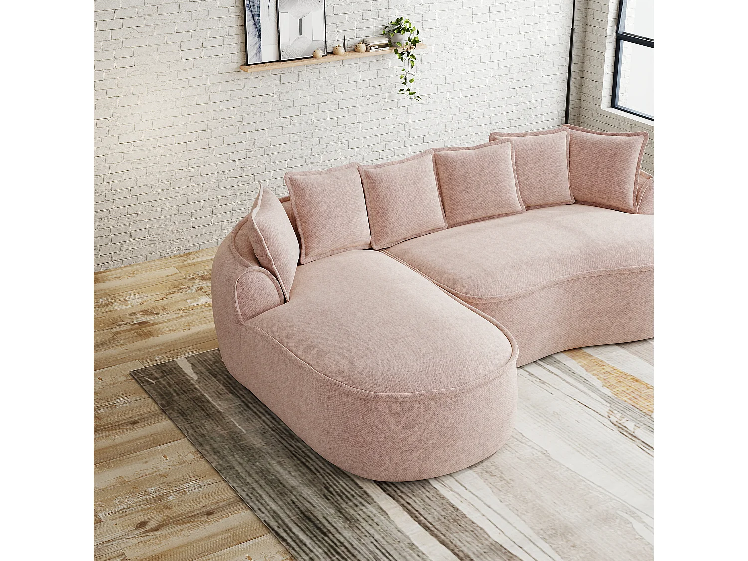 Canapé d'angle 3 places avec coussins de dossier et assise profonde, en chenille, rose, angle à gauche, 252x164x67 cm