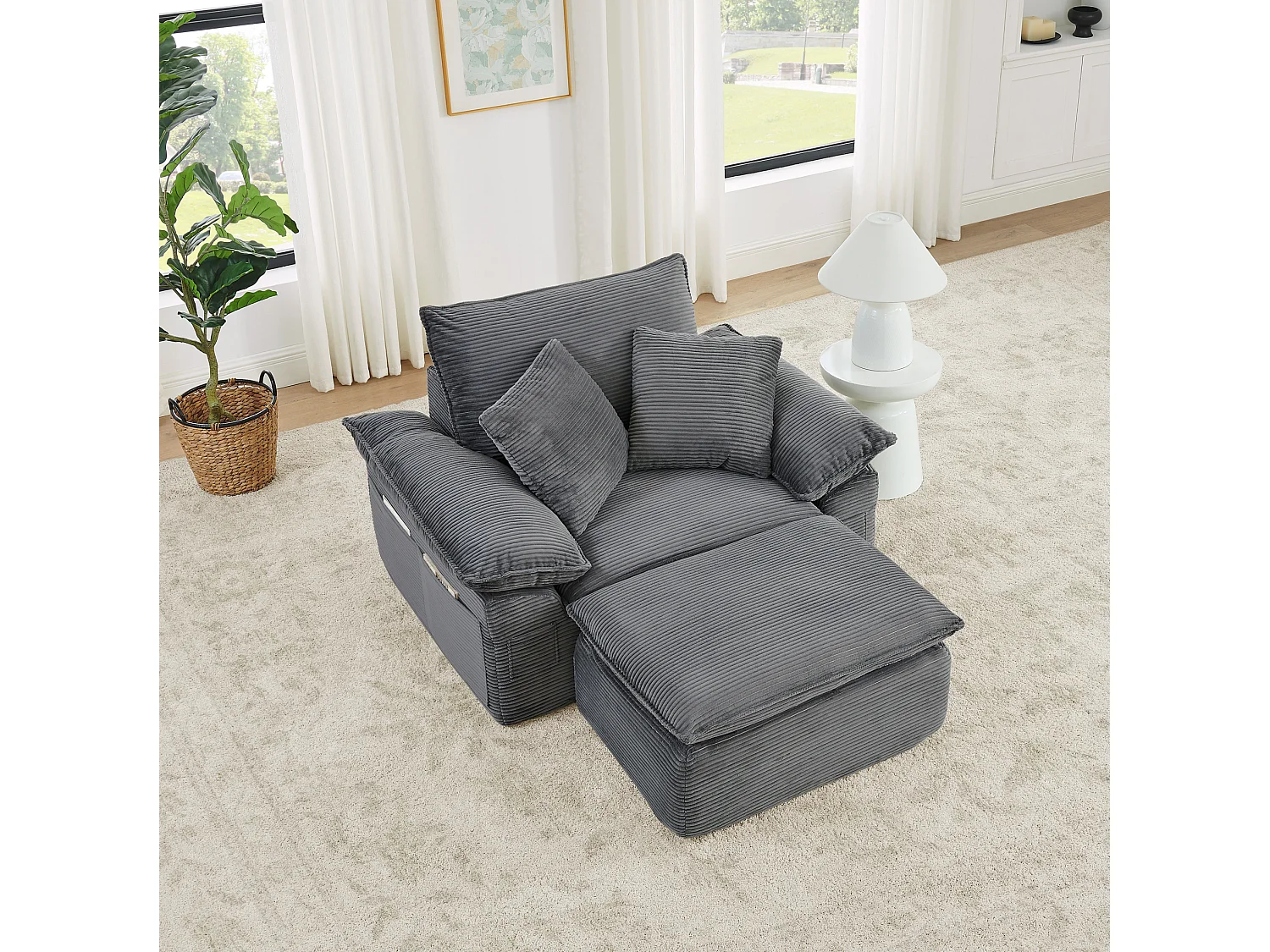 Canapé modulable 1 place avec repose-pieds et poches de rangement, en tissu, gris clair