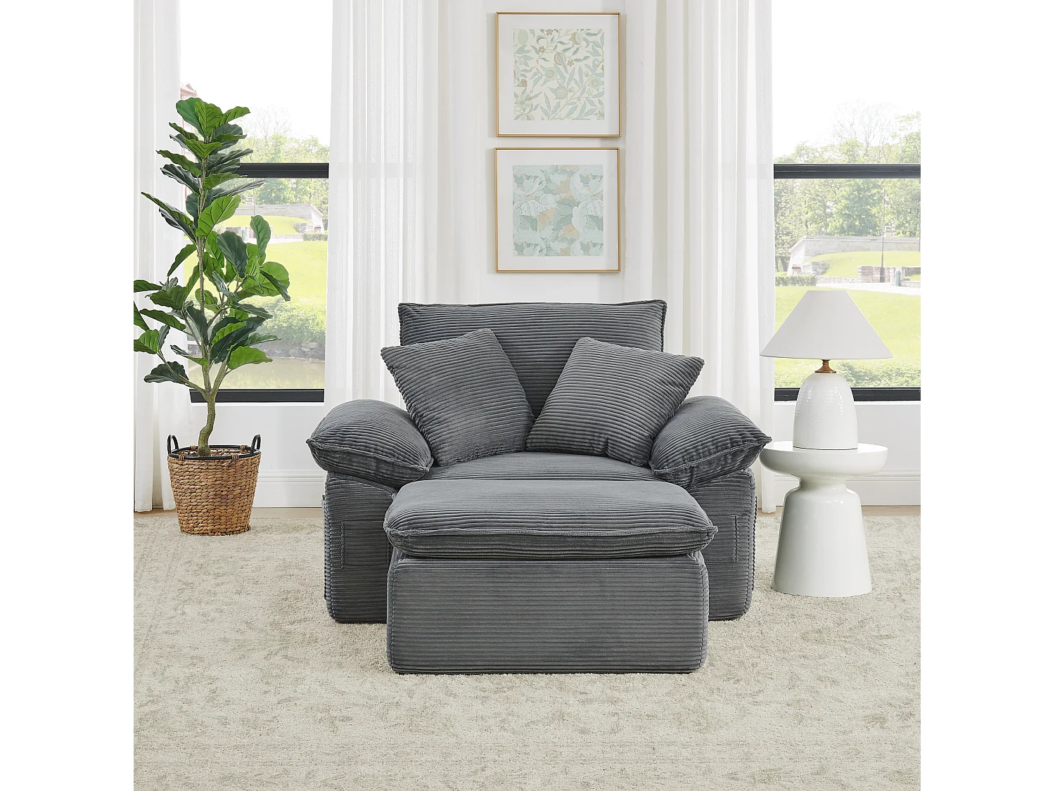 Canapé modulable 1 place avec repose-pieds et poches de rangement, en tissu, gris clair