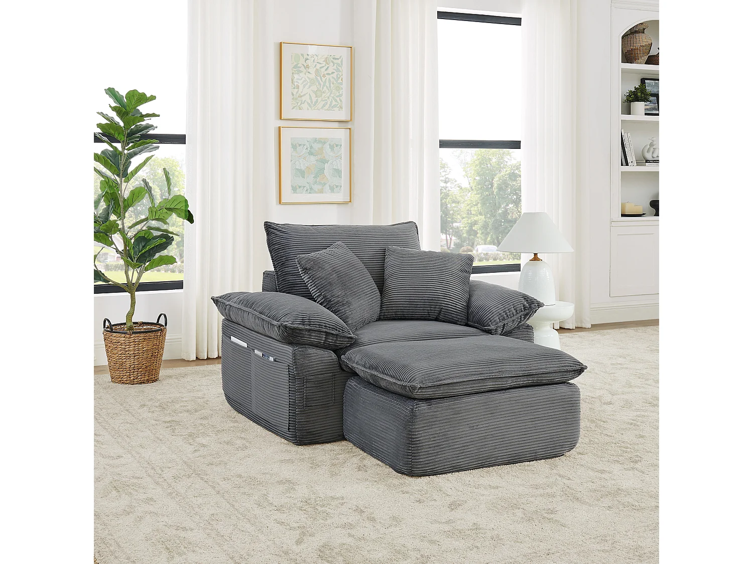 Canapé modulable 1 place avec repose-pieds et poches de rangement, en tissu, gris clair
