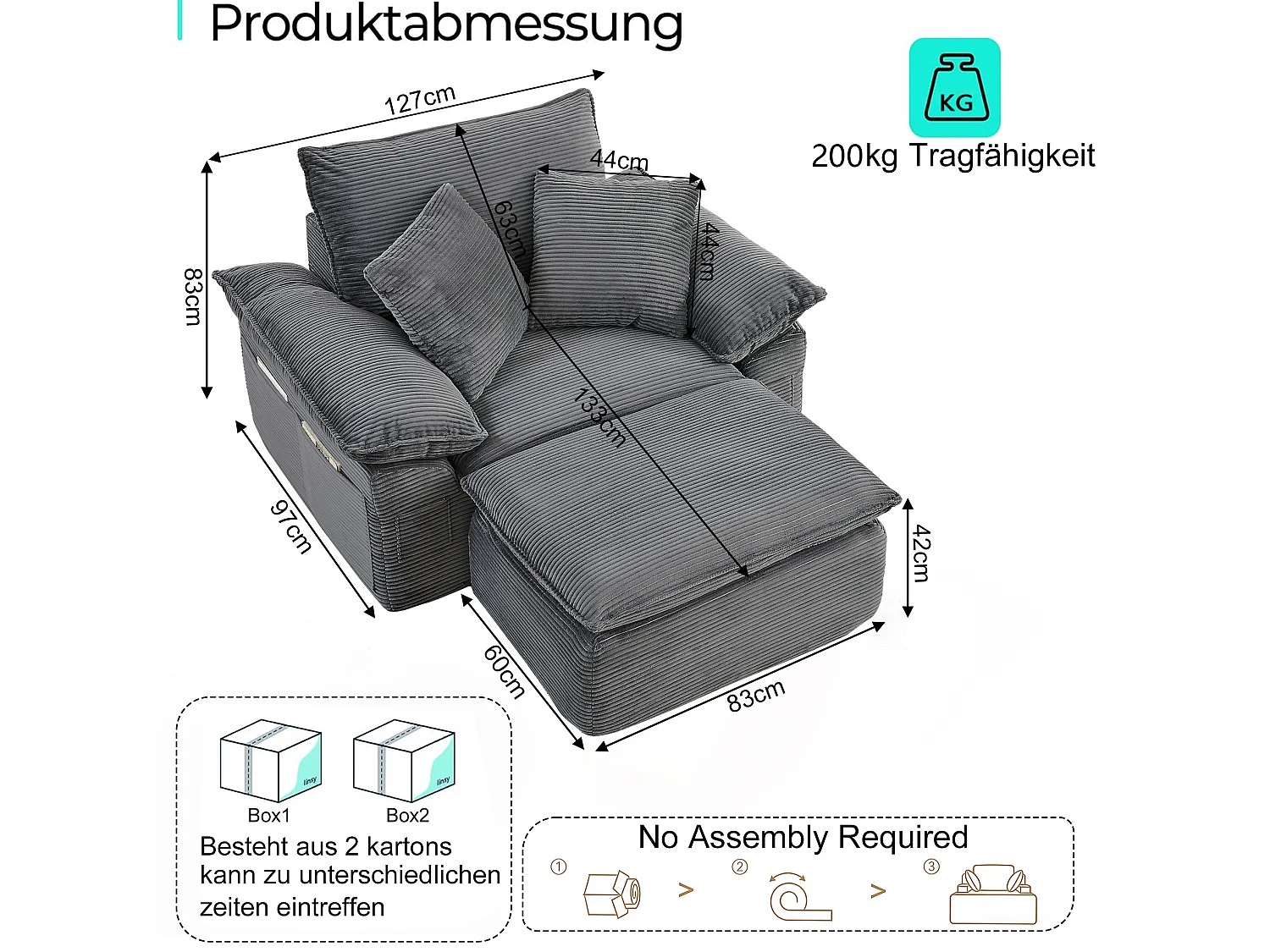 Canapé modulable 1 place avec repose-pieds et poches de rangement, en tissu, gris clair