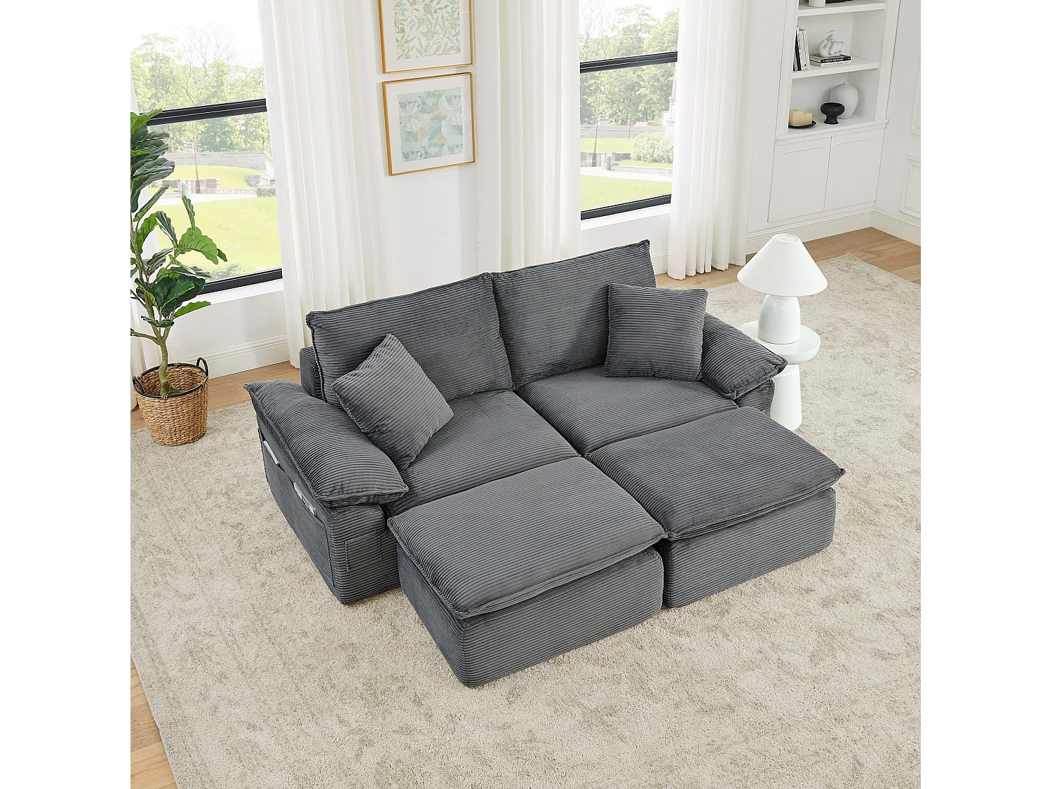 Canapé modulable 2 places avec repose-pieds et poches de rangement, en tissu, gris clair