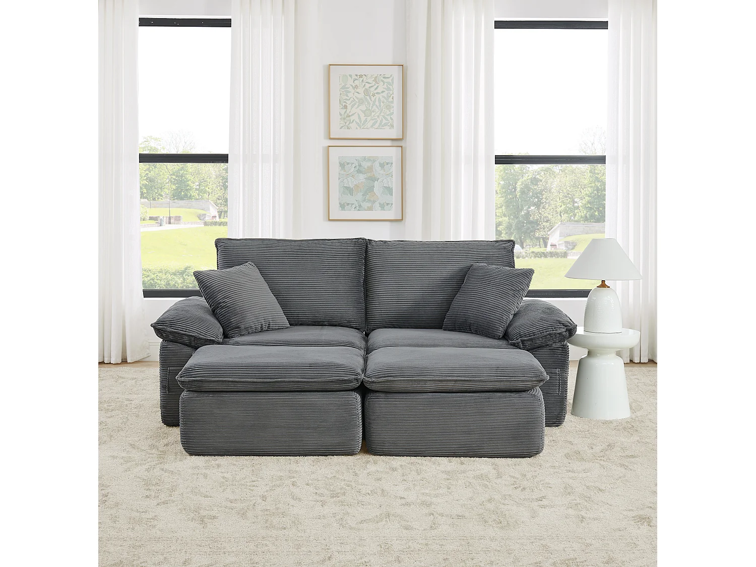 Canapé modulable 2 places avec repose-pieds et poches de rangement, en tissu, gris clair
