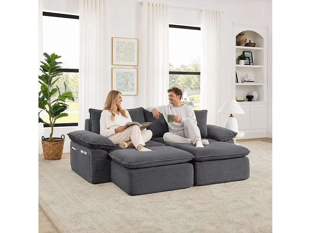 Canapé modulable 2 places avec repose-pieds et poches de rangement, en tissu, gris clair