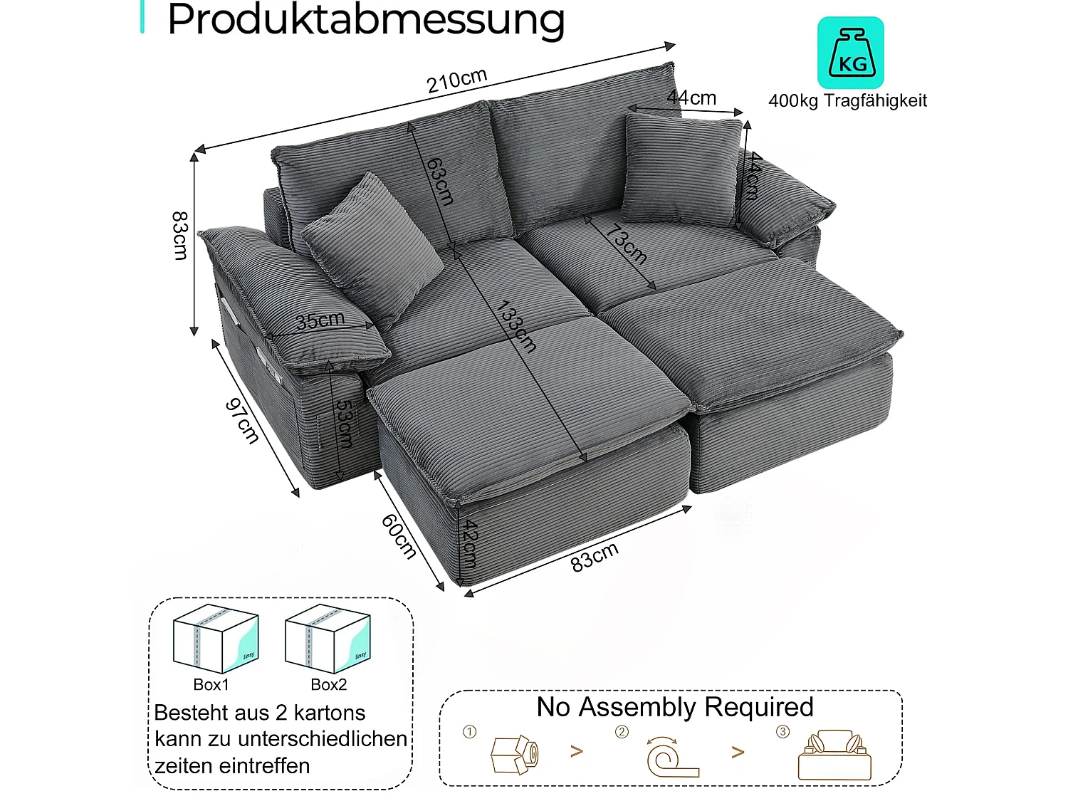 Canapé modulable 2 places avec repose-pieds et poches de rangement, en tissu, gris clair