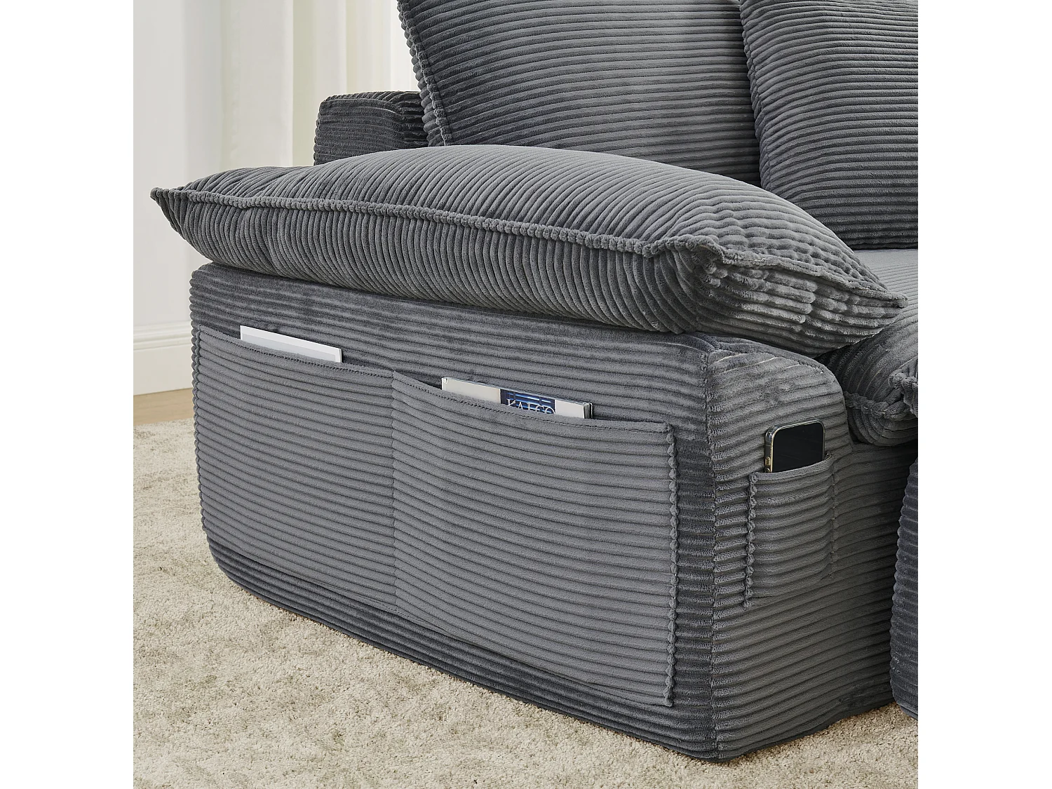 Canapé modulable 2 places avec repose-pieds et poches de rangement, en tissu, gris clair