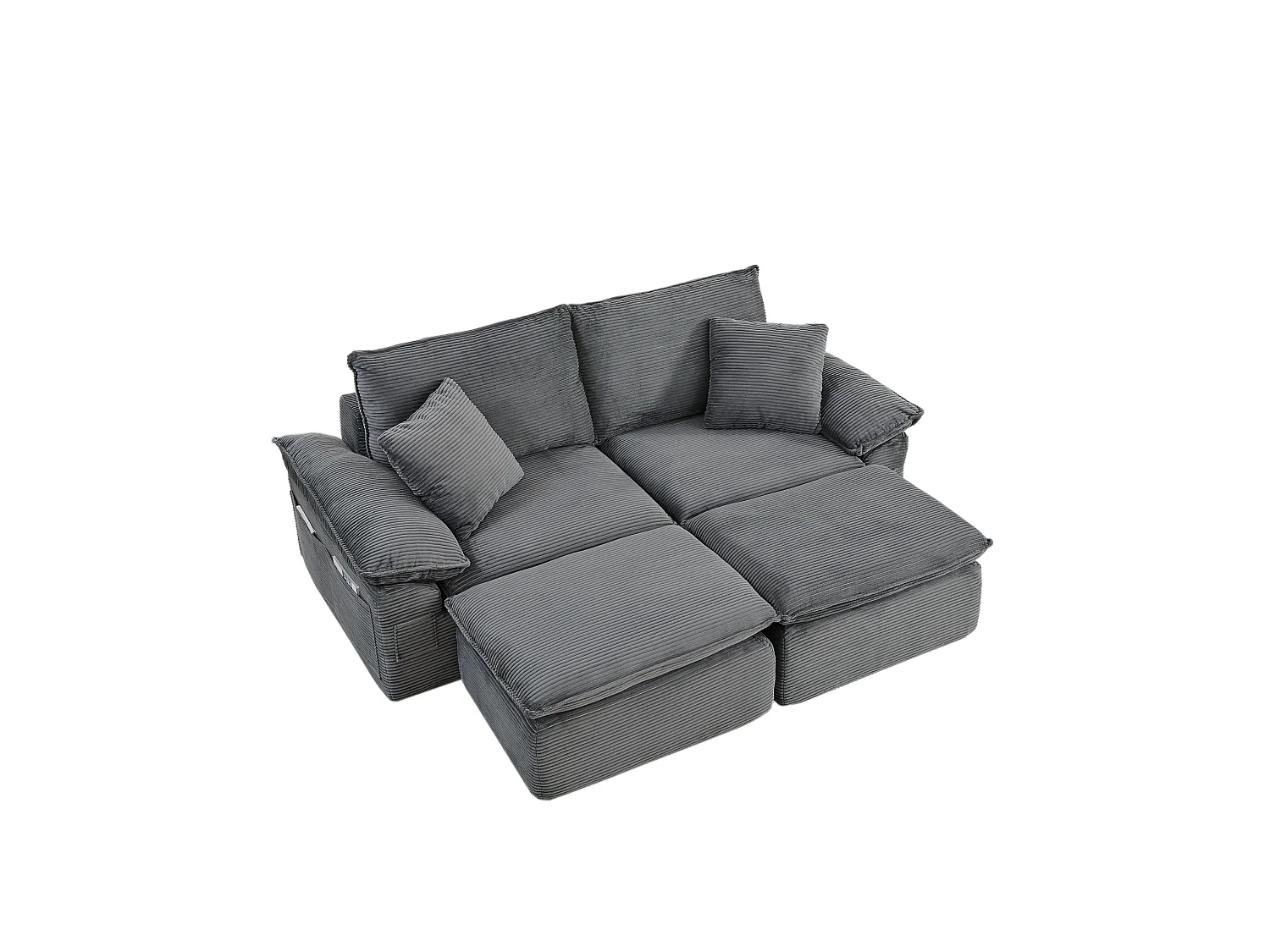 Canapé modulable 2 places avec repose-pieds et poches de rangement, en tissu, gris clair