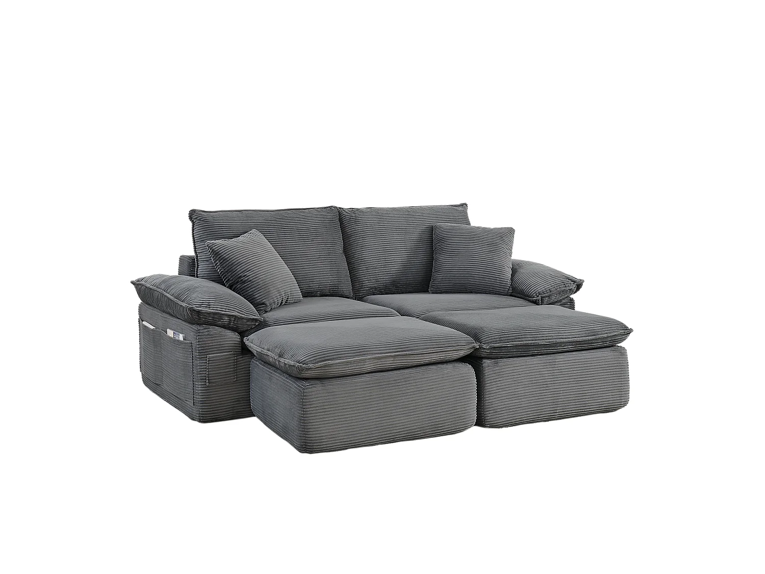 Canapé modulable 2 places avec repose-pieds et poches de rangement, en tissu, gris clair