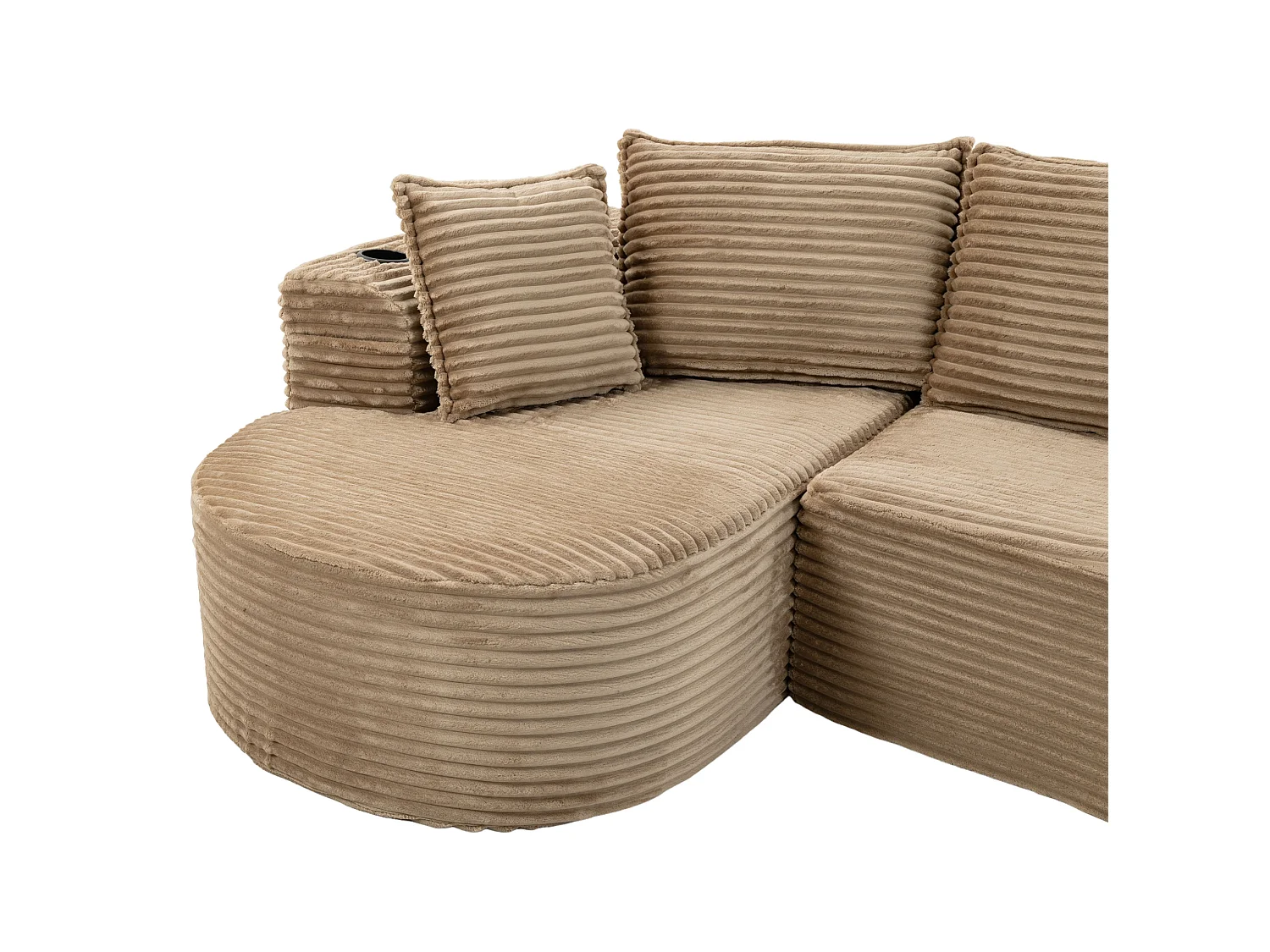 Sofá curvo de 3 plazas con portavasos y bolsillo lateral, pana, color caqui, 250x152x82