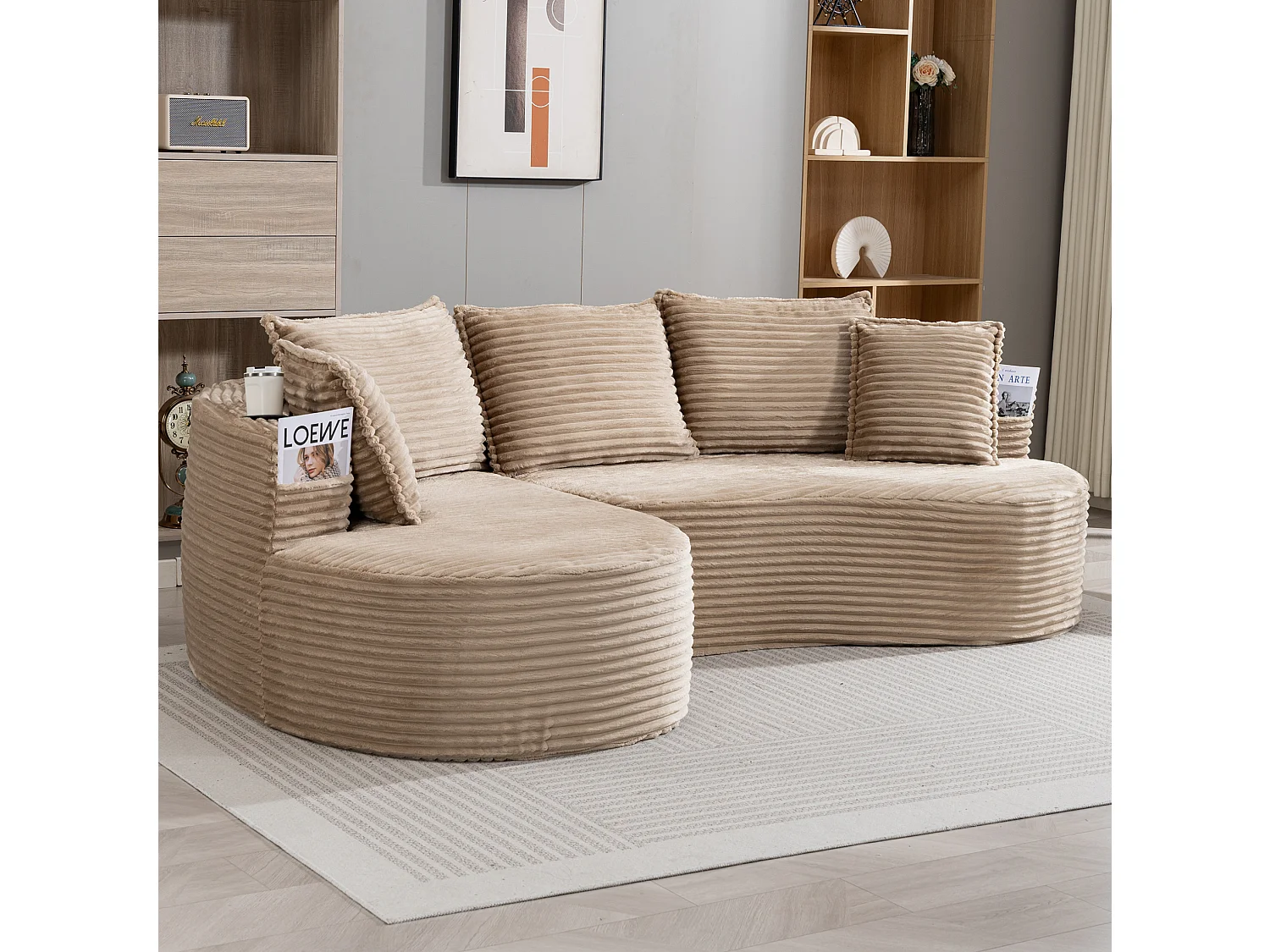 Sofá curvo de 3 plazas con portavasos y bolsillo lateral, pana, color caqui, 250x152x82