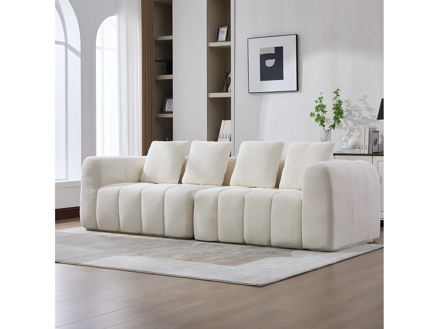 Canapé modulable 3 places avec accoudoirs, sans montage, en tissu, beige