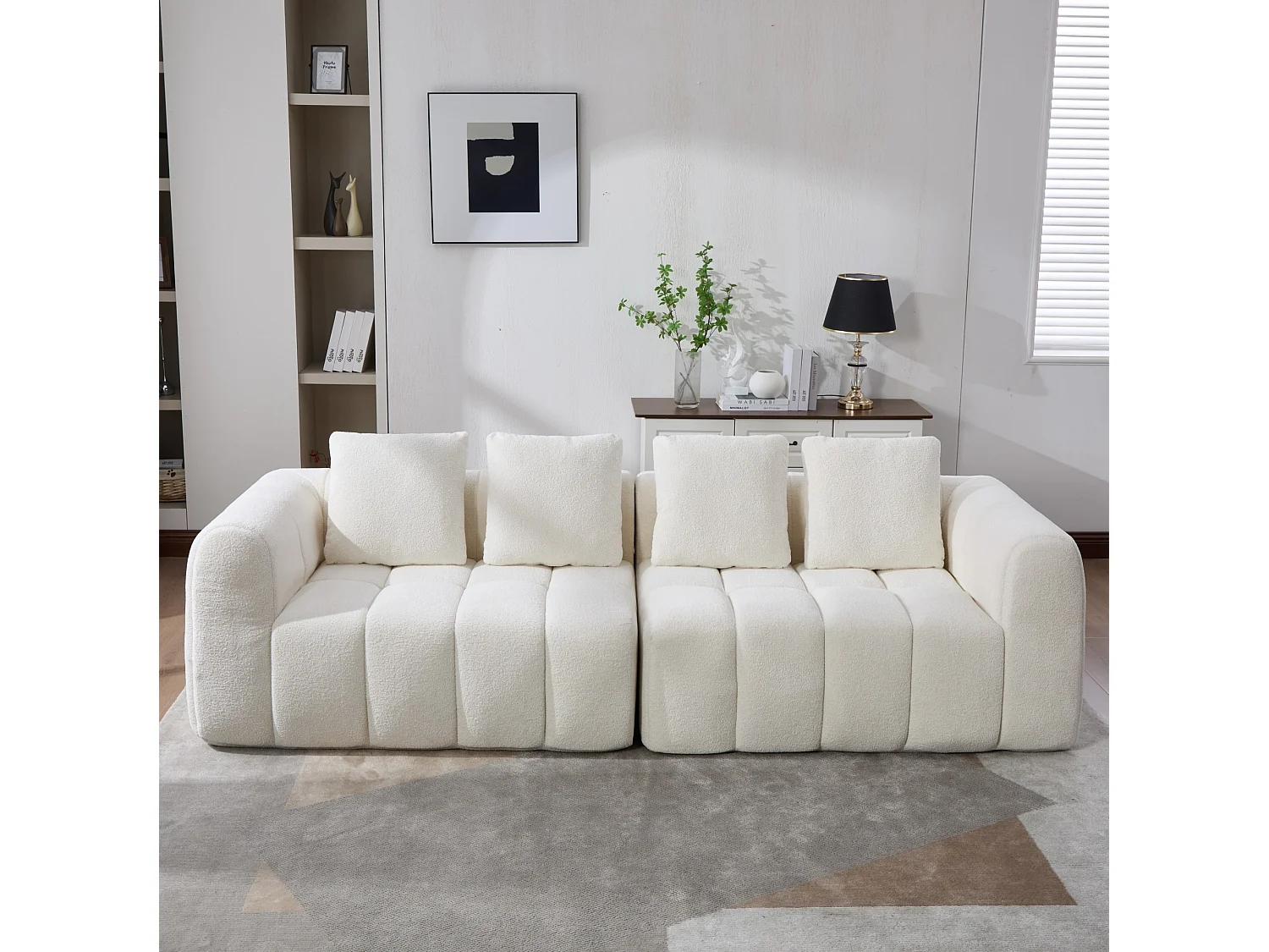 Canapé modulable 3 places avec accoudoirs, sans montage, en tissu, beige