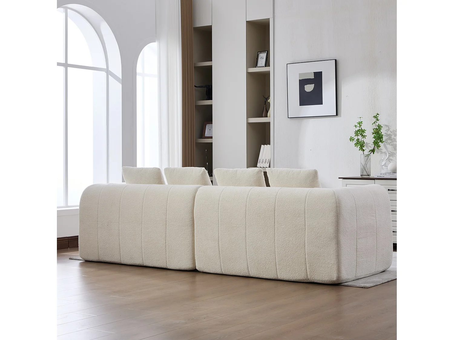 Canapé modulable 3 places avec accoudoirs, sans montage, en tissu, beige