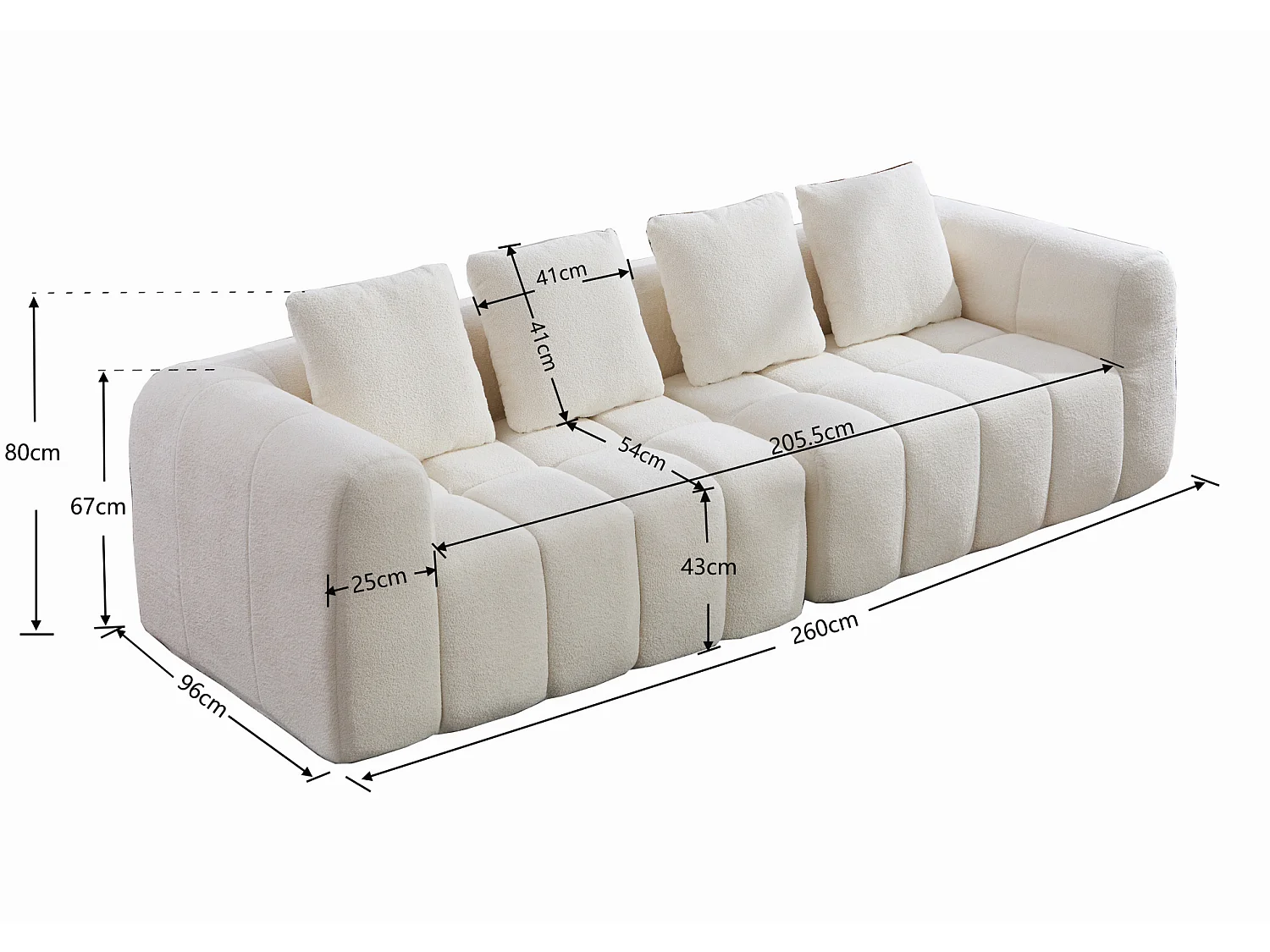 Canapé modulable 3 places avec accoudoirs, sans montage, en tissu, beige