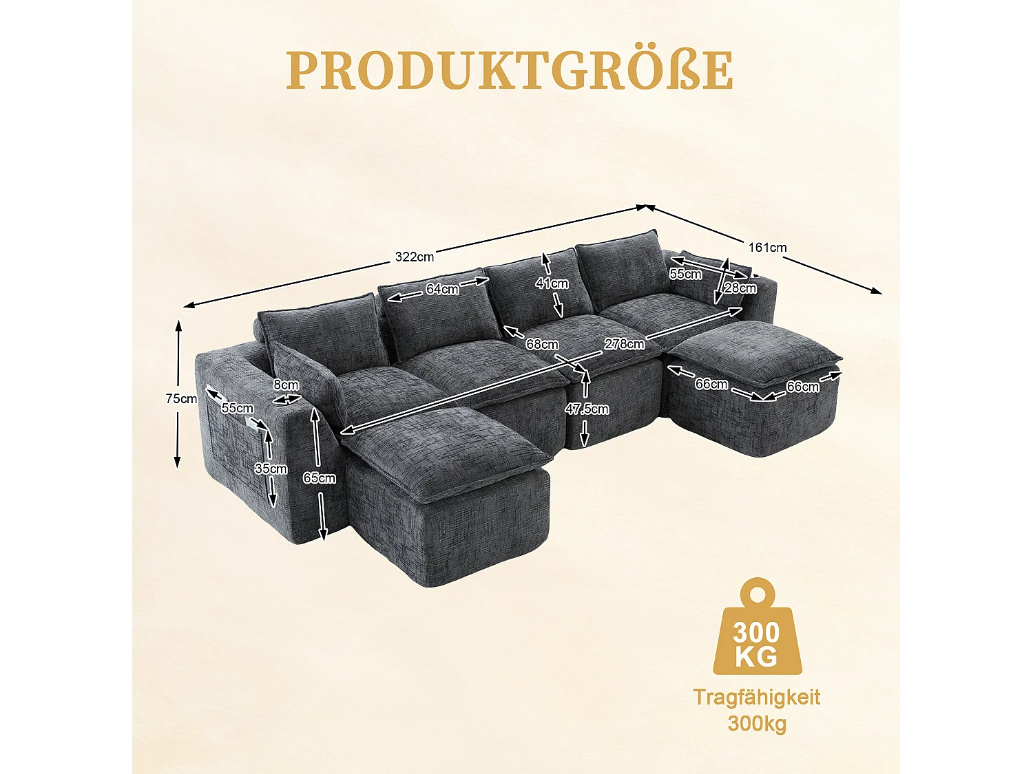 Modulaire hoekbank 4-zits met 2 poefs, kussens, bekerhouder en zijvakken, ribfluweel, donkergrijs