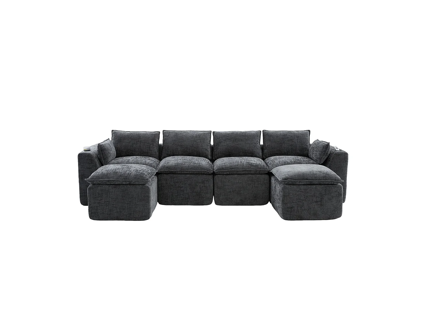 Modulaire hoekbank 4-zits met 2 poefs, kussens, bekerhouder en zijvakken, ribfluweel, donkergrijs