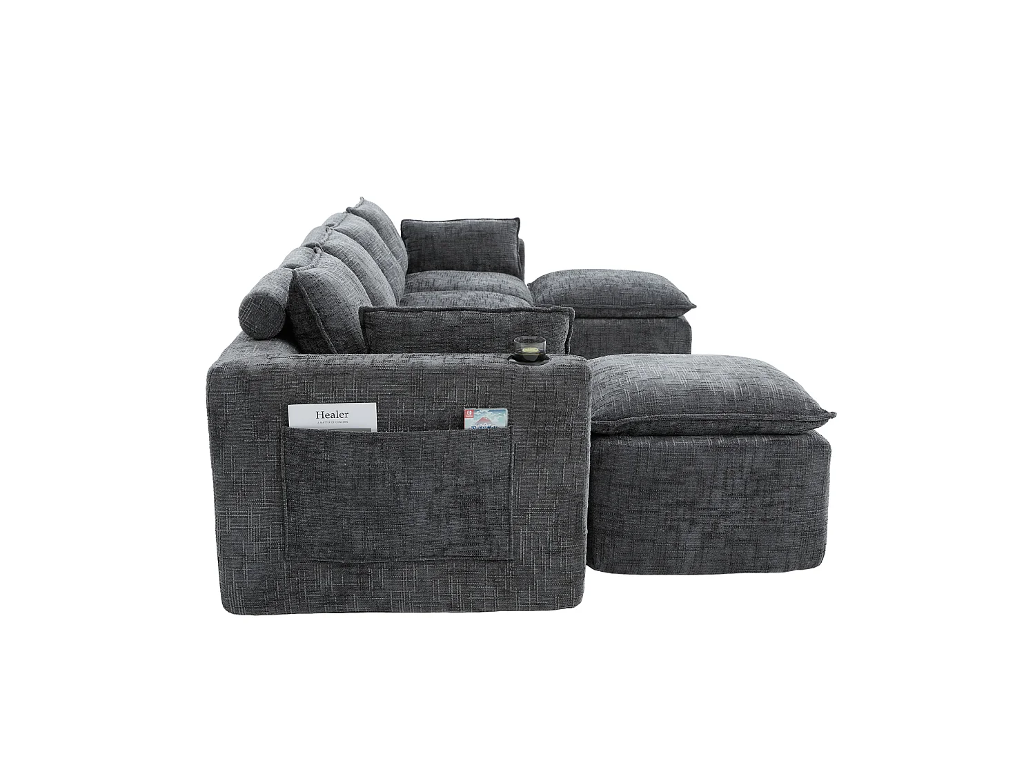 Modulaire hoekbank 4-zits met 2 poefs, kussens, bekerhouder en zijvakken, ribfluweel, donkergrijs