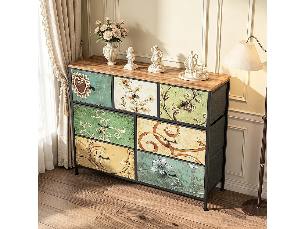 Armoire de stockage à motif rétro - 100 x 30 x 78 cm - avec 7 tiroirs en tissu - coloré