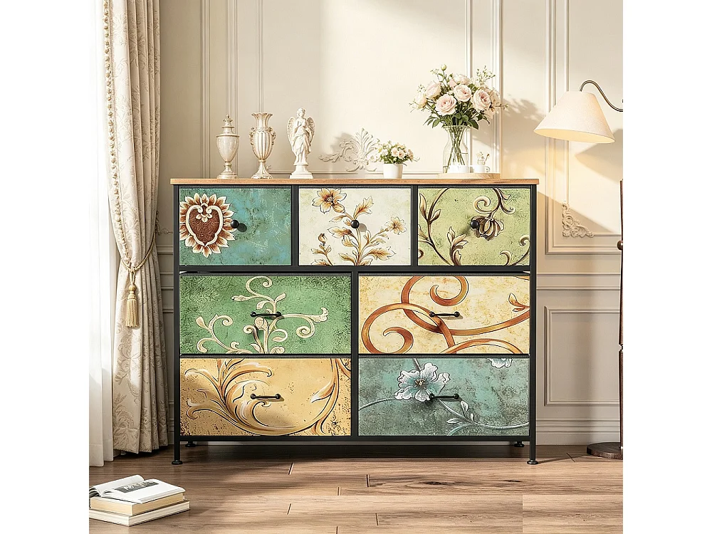 Armoire de stockage à motif rétro - 100 x 30 x 78 cm - avec 7 tiroirs en tissu - coloré