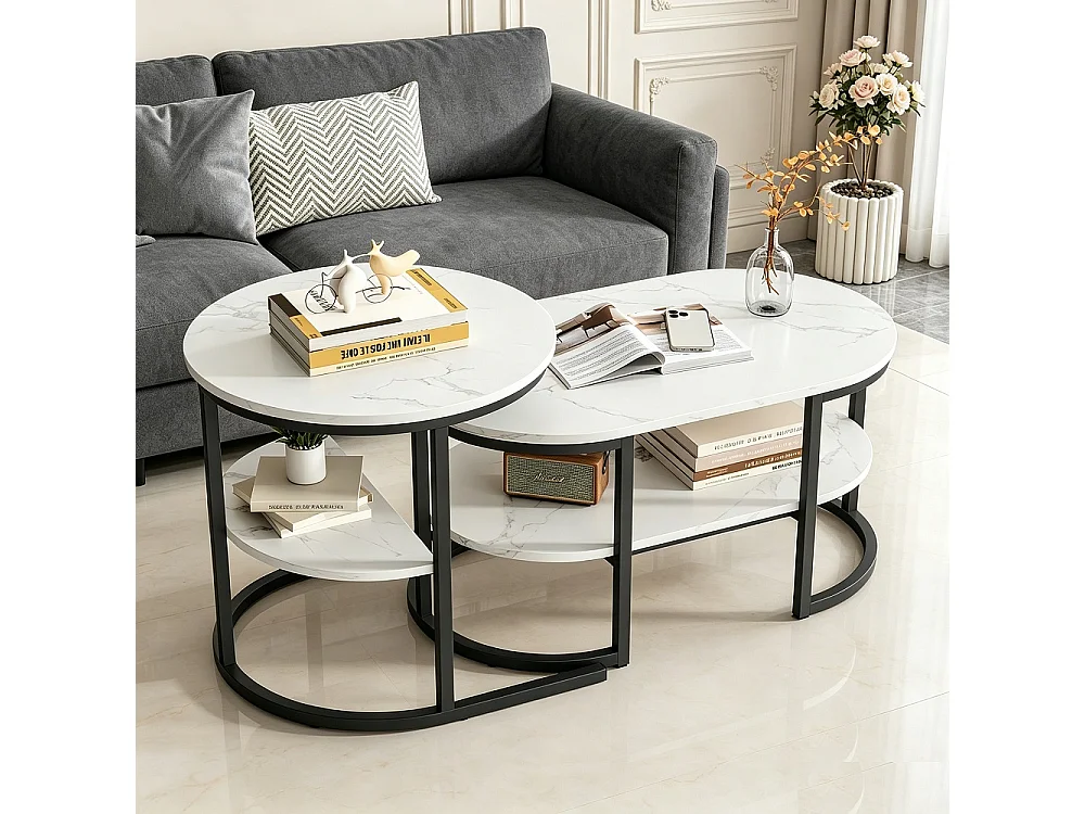Table basse à nidification - avec haut en marbre blanc et cadre métallique et étagère - ovale et ronde - noir