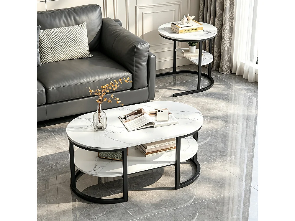 Table basse à nidification - avec haut en marbre blanc et cadre métallique et étagère - ovale et ronde - noir