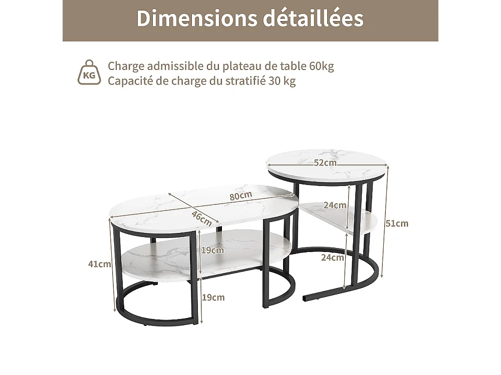 Table basse à nidification - avec haut en marbre blanc et cadre métallique et étagère - ovale et ronde - noir