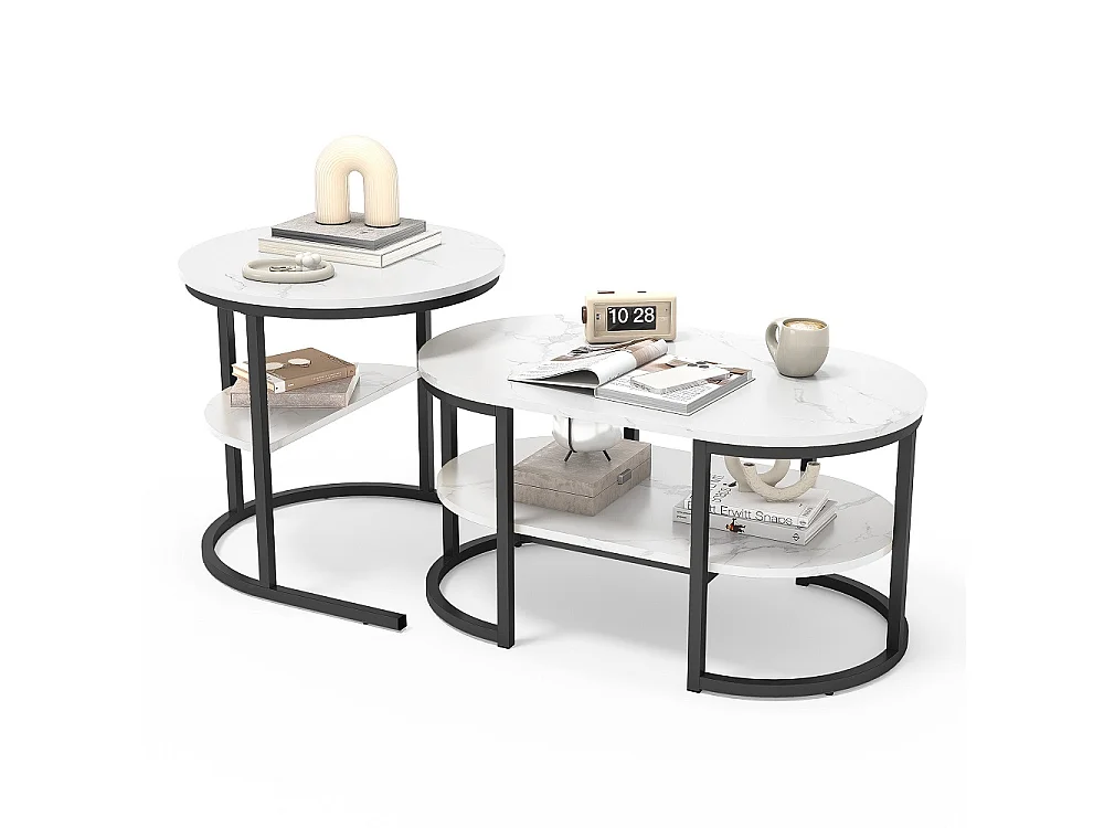 Table basse à nidification - avec haut en marbre blanc et cadre métallique et étagère - ovale et ronde - noir