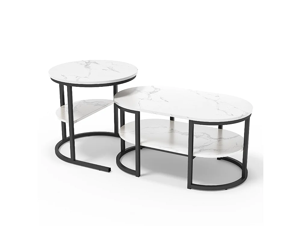 Table basse à nidification - avec haut en marbre blanc et cadre métallique et étagère - ovale et ronde - noir