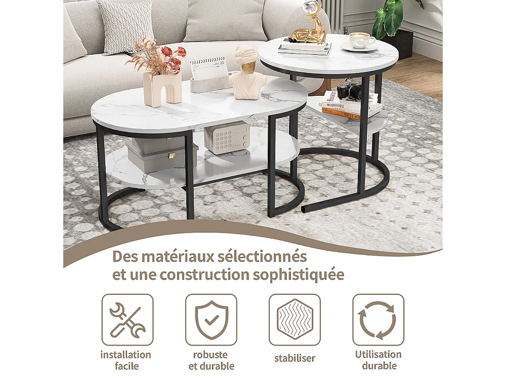 Table basse à nidification - avec haut en marbre blanc et cadre métallique et étagère - ovale et ronde - noir