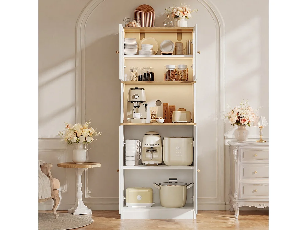 Armoire de cuisine - 70 x 40 x 180 cm - avec éclairage LED et compartiments de rangement multiples - blanc