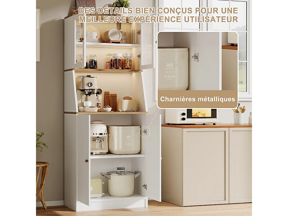 Armoire de cuisine - 70 x 40 x 180 cm - avec éclairage LED et compartiments de rangement multiples - blanc
