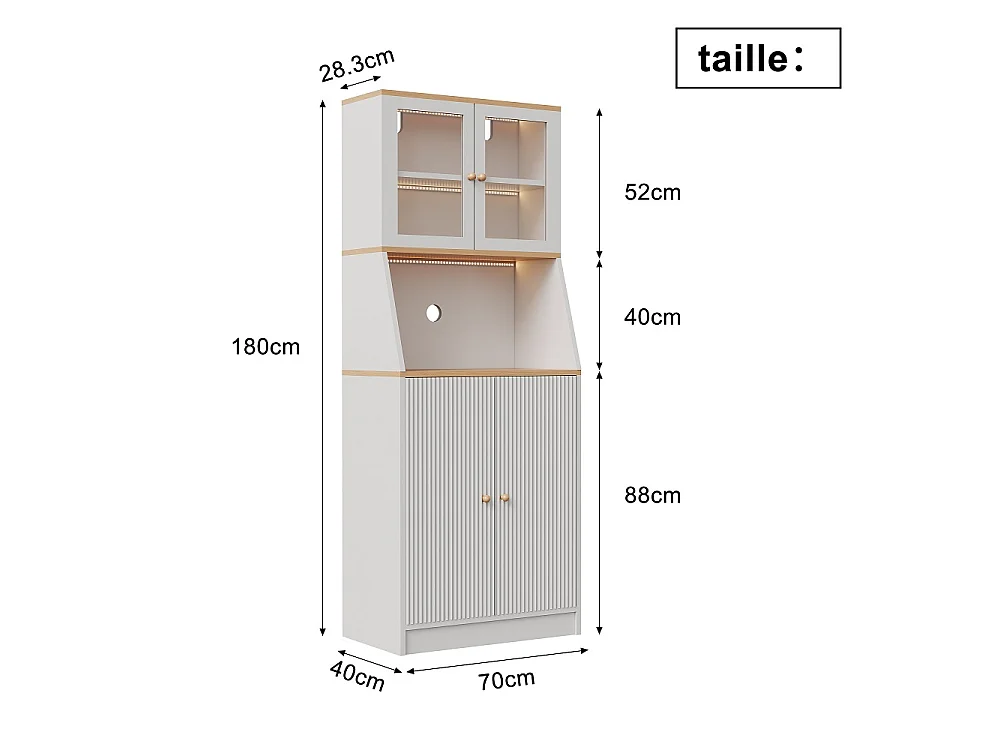 Armoire de cuisine - 70 x 40 x 180 cm - avec éclairage LED et compartiments de rangement multiples - blanc