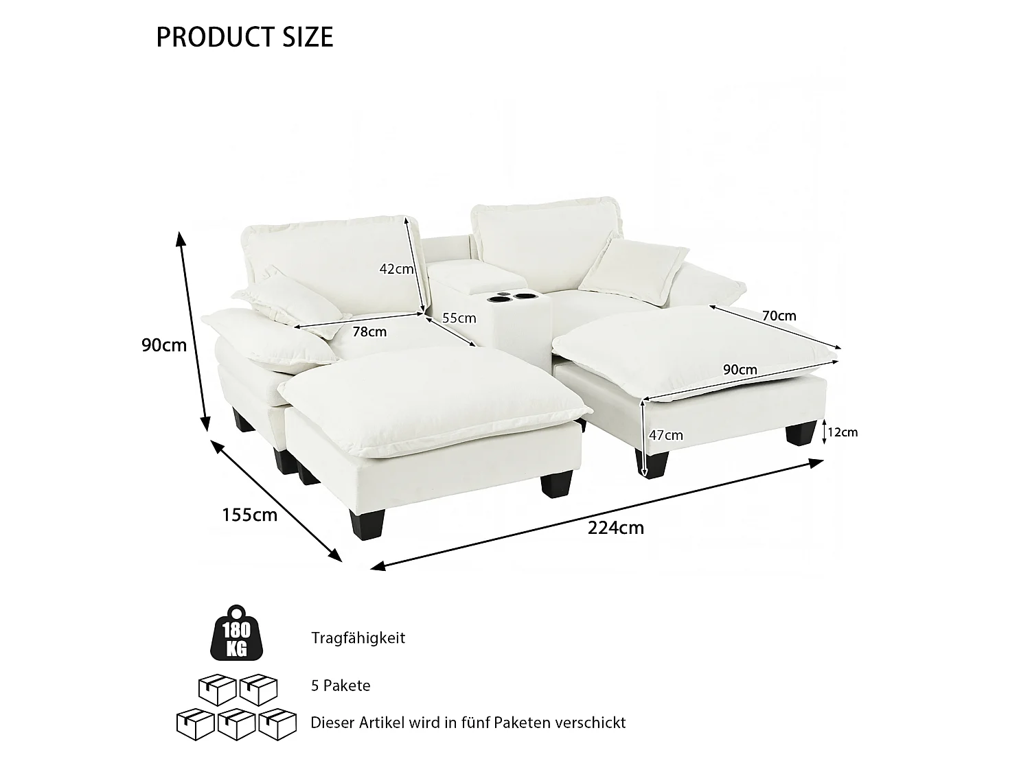 2-osobowa sofa modułowa ze schowkiem, z 2 zdejmowanymi podnóżkami, uchwytami na kubki i portami USB, beżowa