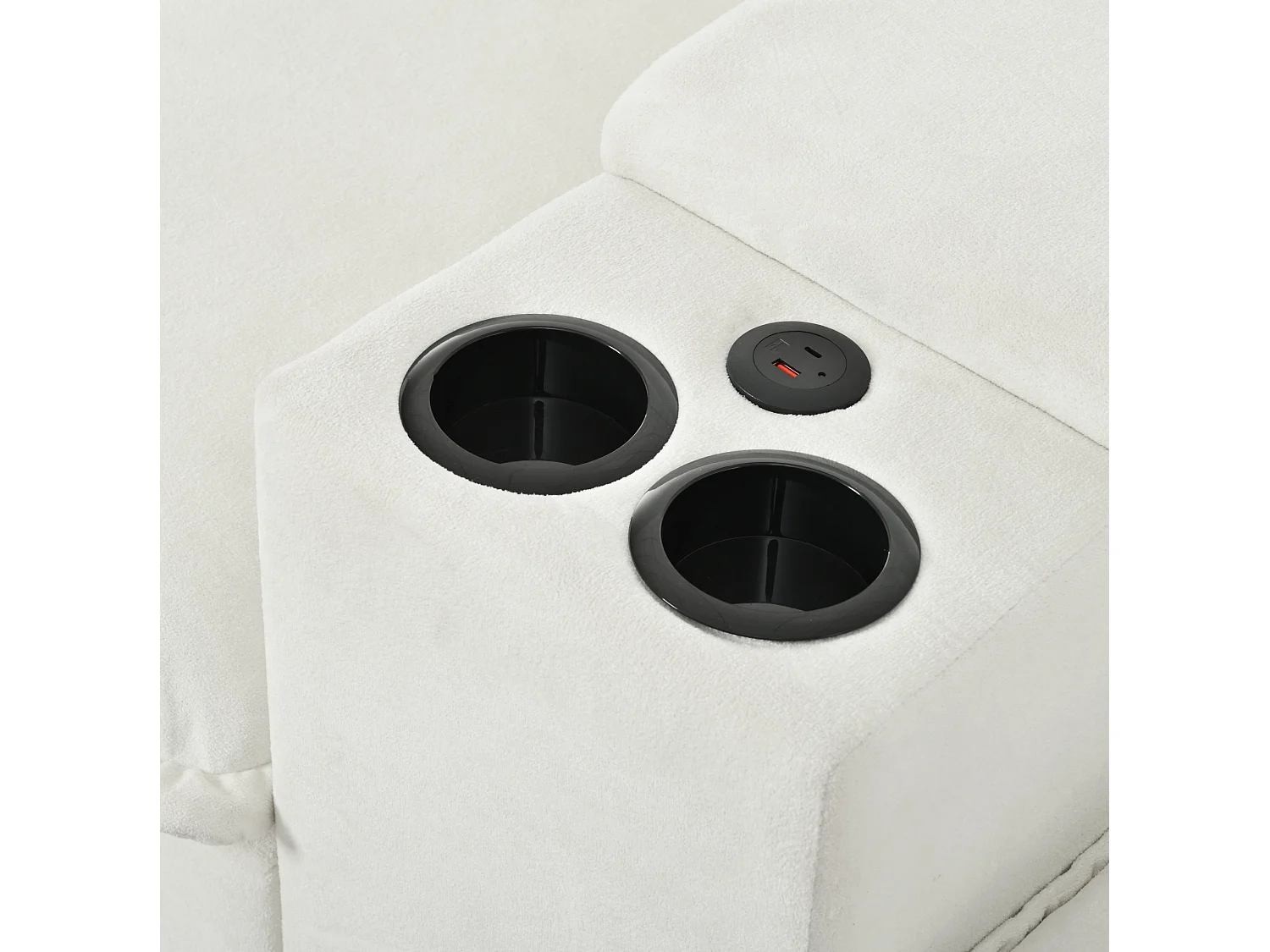 2-osobowa sofa modułowa ze schowkiem, z 2 zdejmowanymi podnóżkami, uchwytami na kubki i portami USB, beżowa