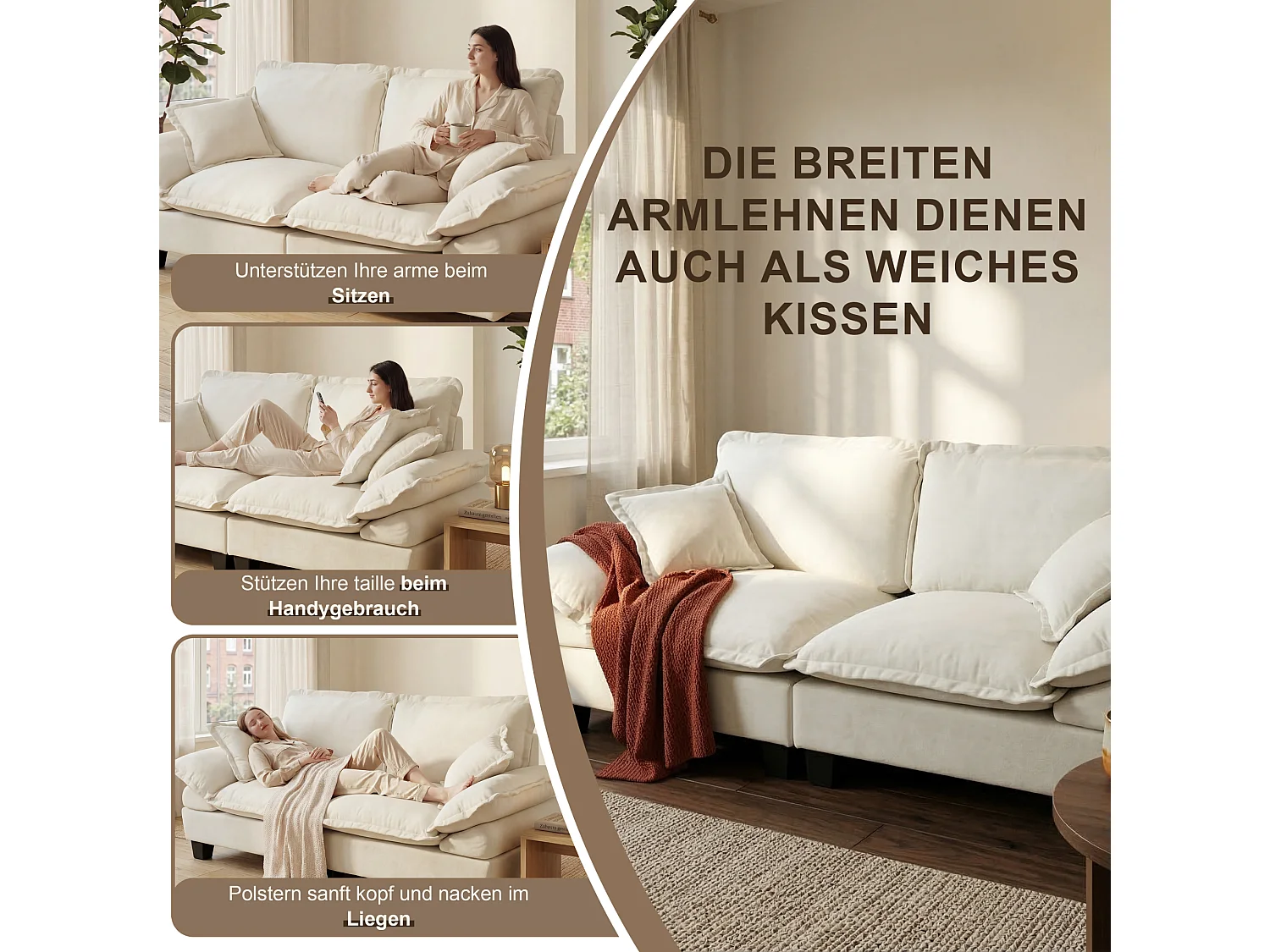 2-osobowa sofa modułowa ze schowkiem, z 2 zdejmowanymi podnóżkami, uchwytami na kubki i portami USB, beżowa